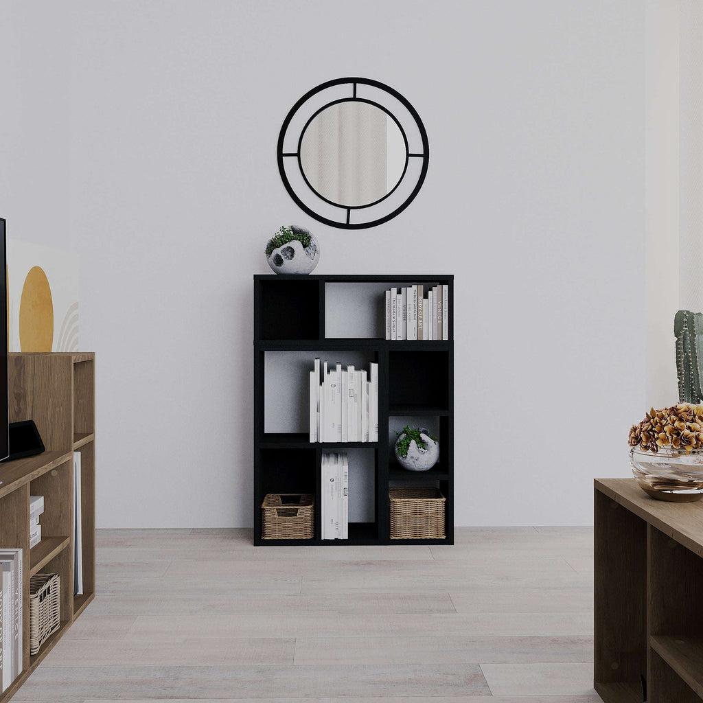 Black modular low standing bookcase with open square shelves and cubby compartments