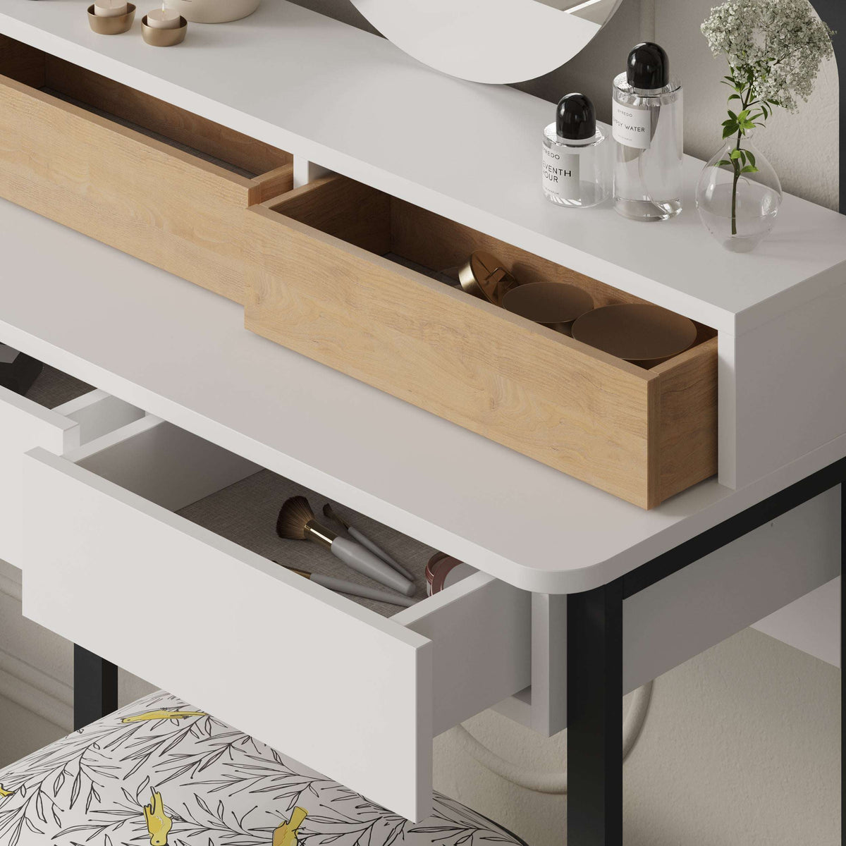 White vanity desk with open center drawer and wooden pull-out tray under top