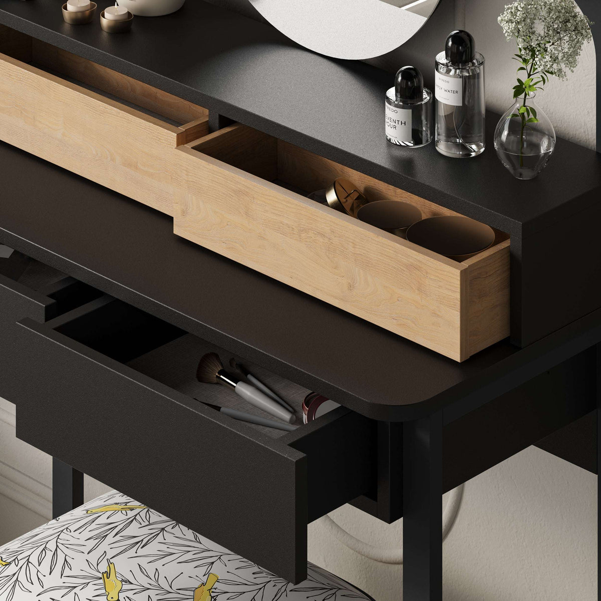 Black vanity desk with open center drawer and wooden pull-out tray under top