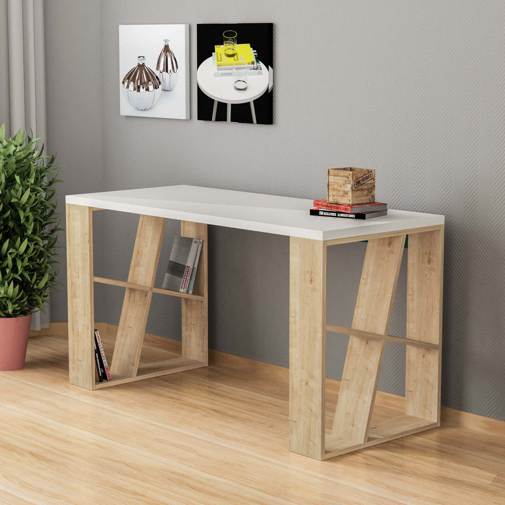 Modern desk with built-in bookshelf legs, white top and light wood frame