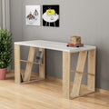 Modern desk with built-in bookshelf legs, white top and light wood frame