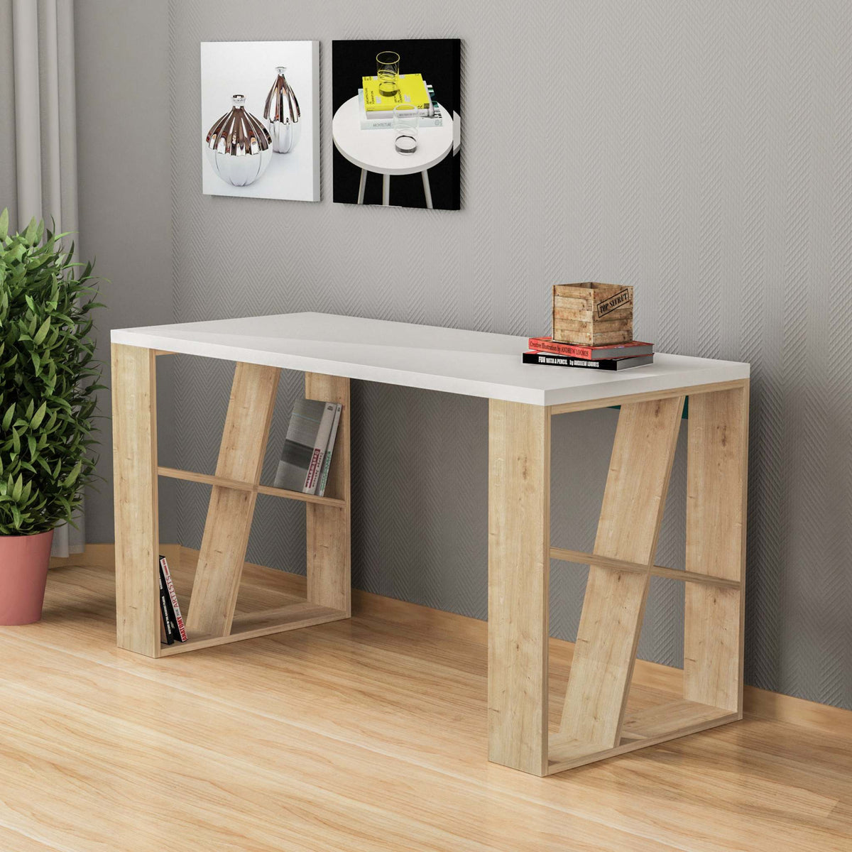 Modern desk with built-in bookshelf legs, white top and light wood frame