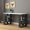 Modern desk with bookshelf legs, white top with dark gray open cubby shelves on both sides.