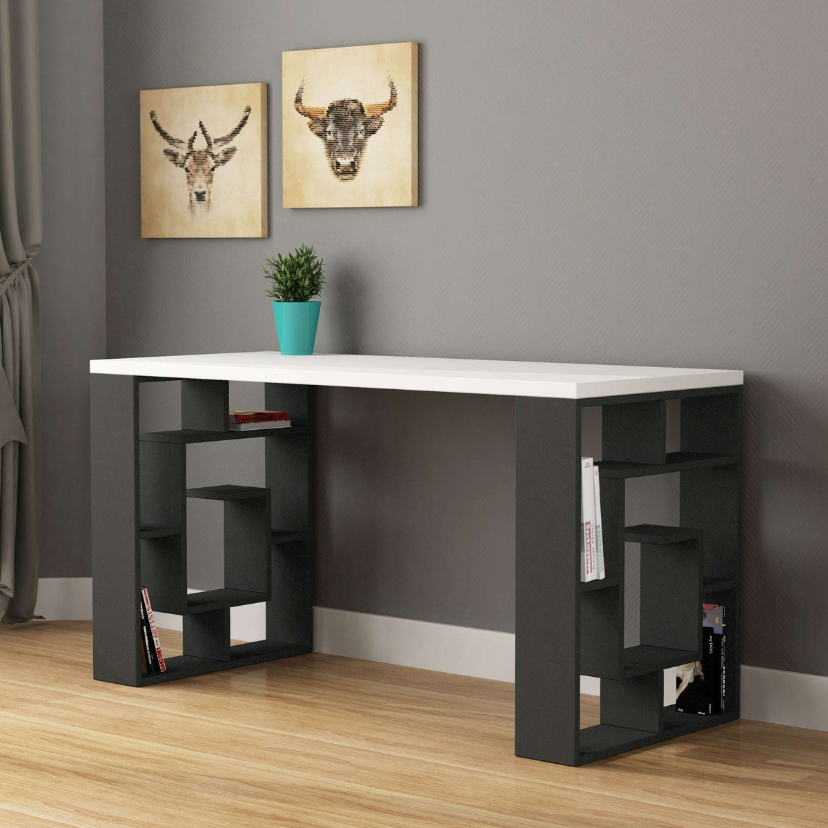 Modern desk with bookshelf legs, white top with dark gray open cubby shelves on both sides.