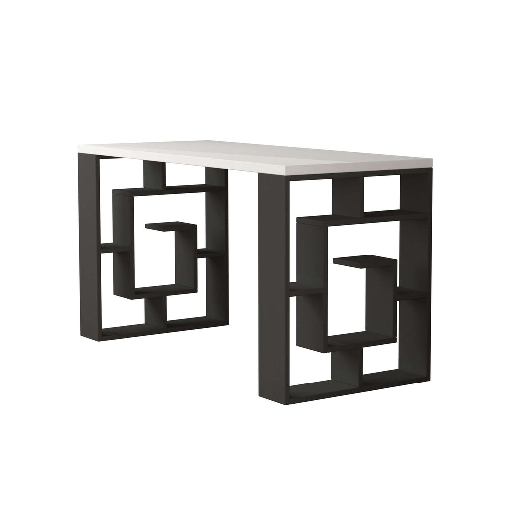 Modern desk with geometric bookshelf legs, dark frame and white desktop