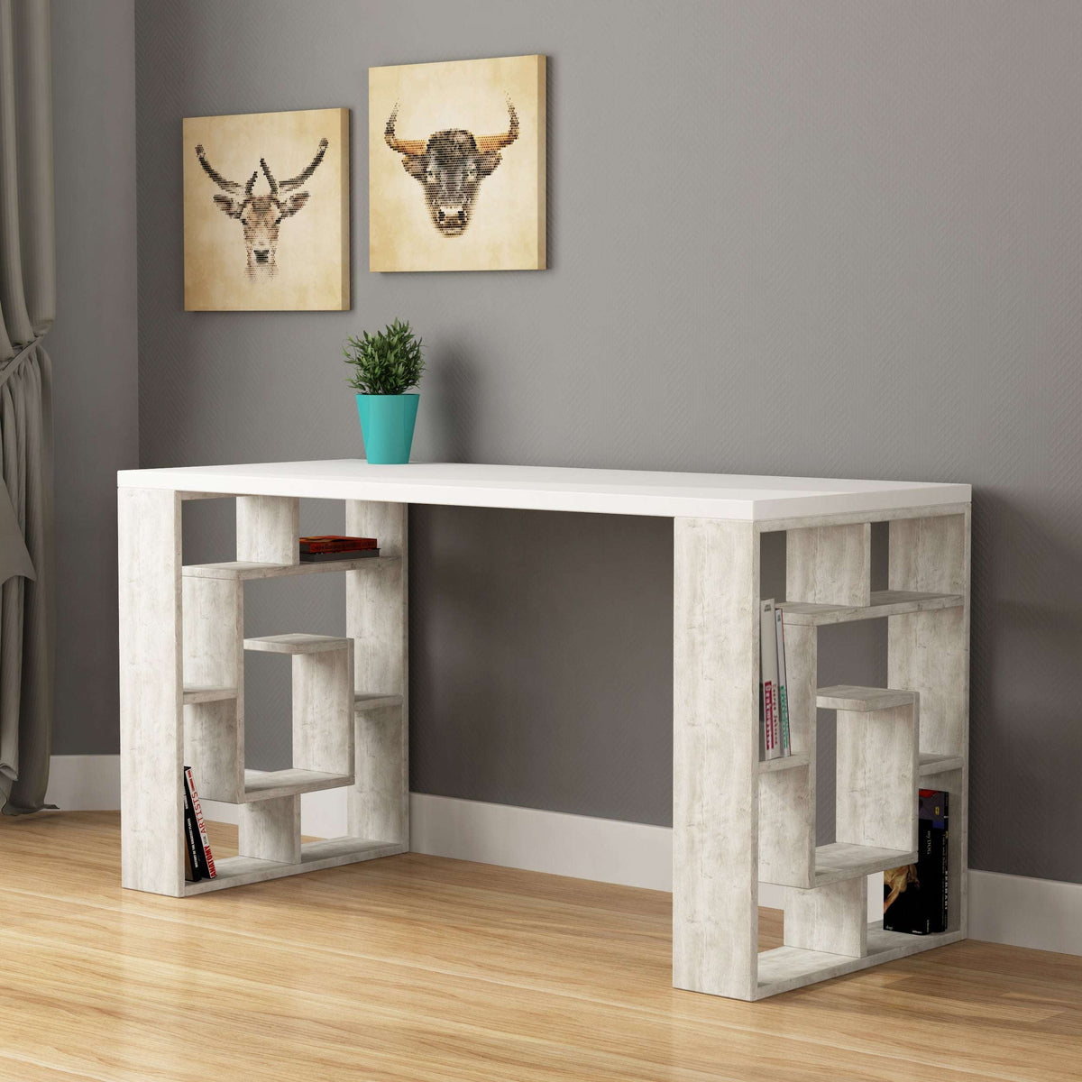 Modern desk with bookshelf legs, white and light gray shelving, open cubbies on sides.
