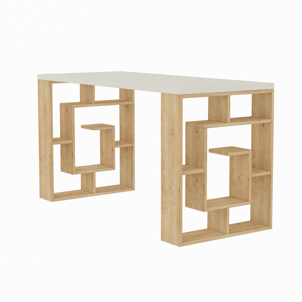 Modern desk with geometric bookshelf legs, natural light oak finish