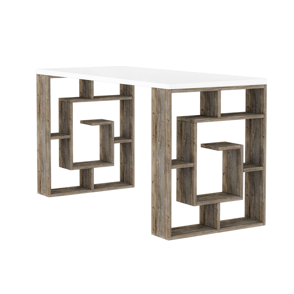 Modern desk with geometric bookshelf legs, light wood finish and white desktop