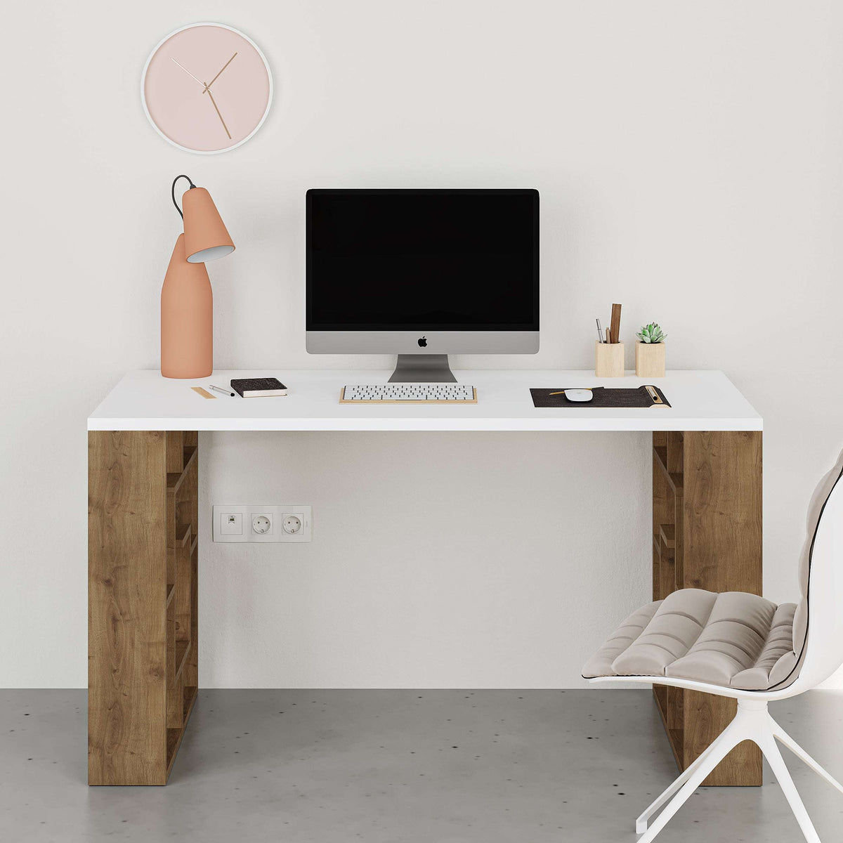 Modern desk with bookshelf legs, light wood frame and white top, open cubby shelving on sides.
