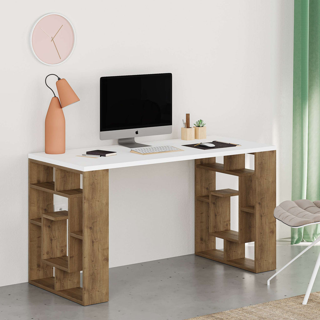 Modern desk with bookshelf legs, light wood and white top, computer-ready workspace with shelves.