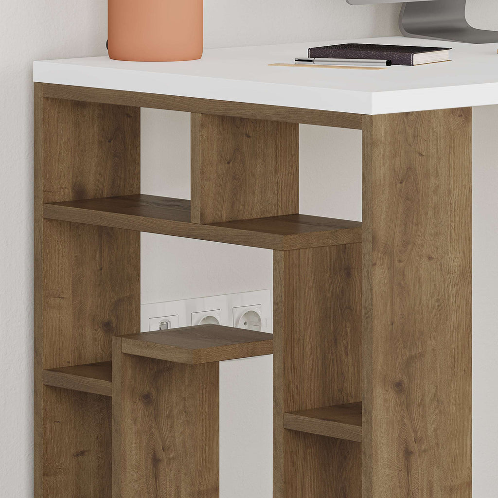 Modern desk with bookshelf legs, close-up of wood shelving and white countertop edge.