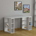 Modern desk with bookshelf legs, white cabinet-style body and open storage cubbies