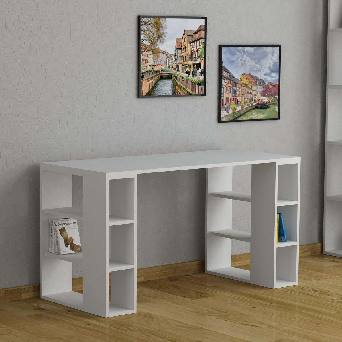 Modern desk with bookshelf legs, white cabinet-style body and open storage cubbies