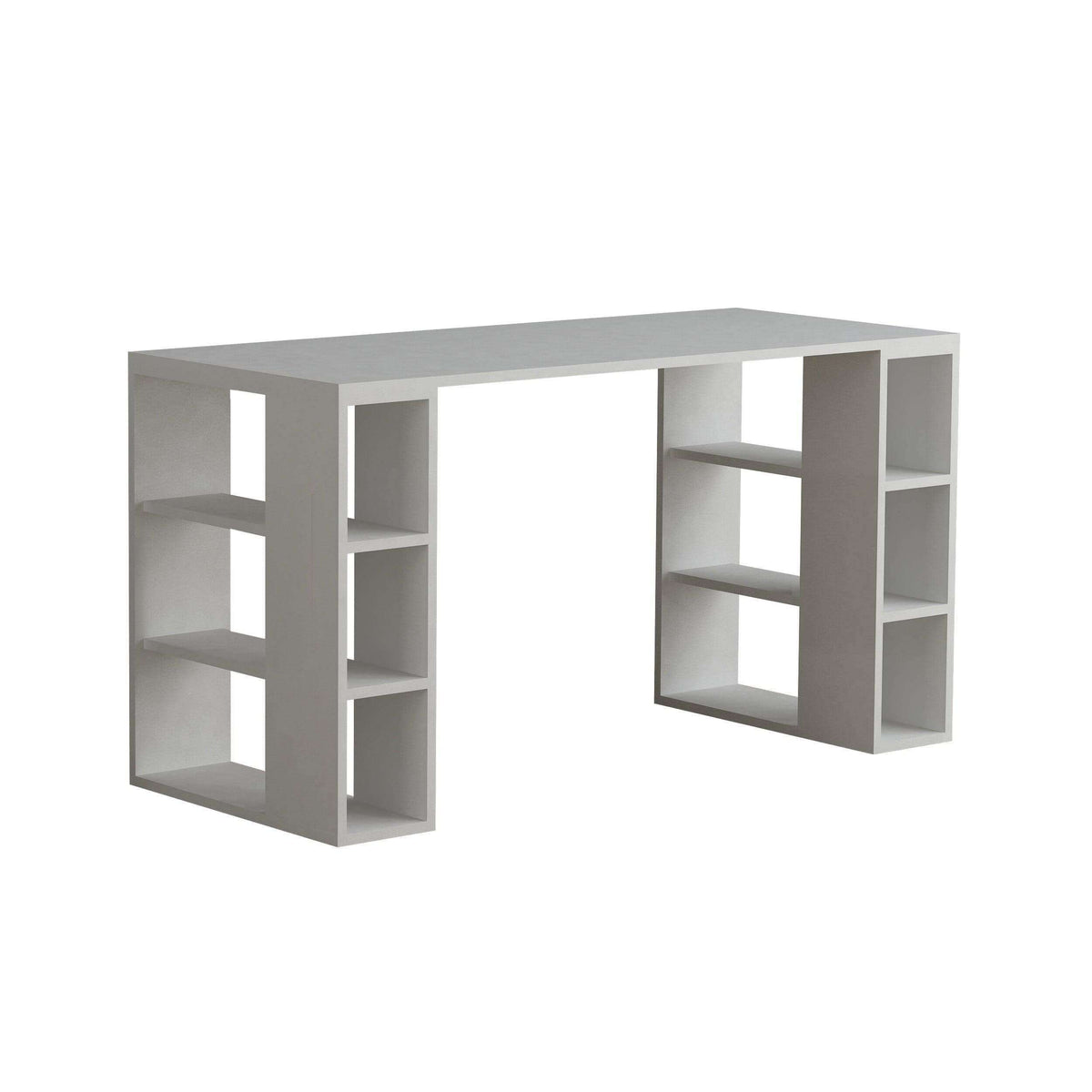 White and gray desk with bookshelf legs, open shelves, and blocky open bays