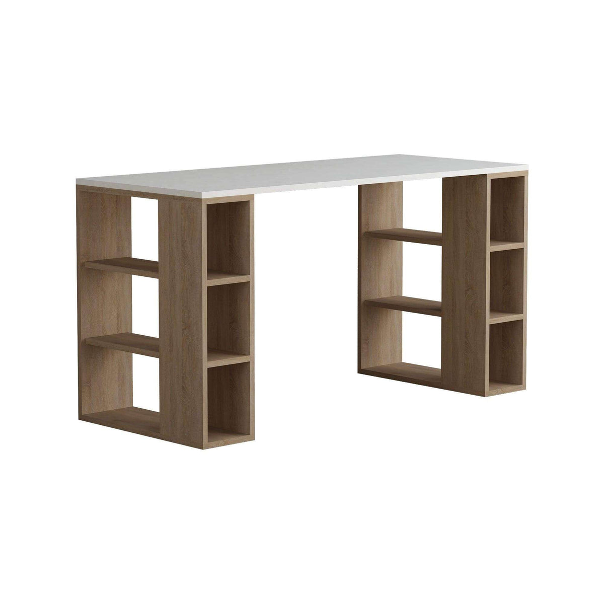 Two-tone desk with bookshelf legs and open shelving compartments, white tabletop