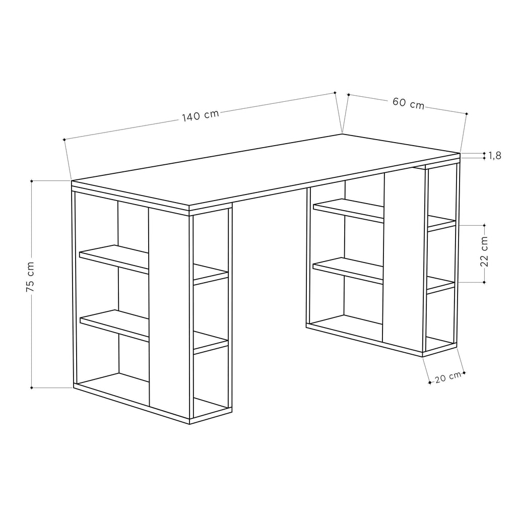 Modern desk with bookshelf legs with dimension lines, open shelves on both sides