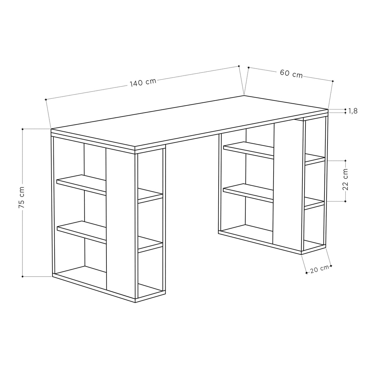Modern desk with bookshelf legs with dimension lines, open shelves on both sides