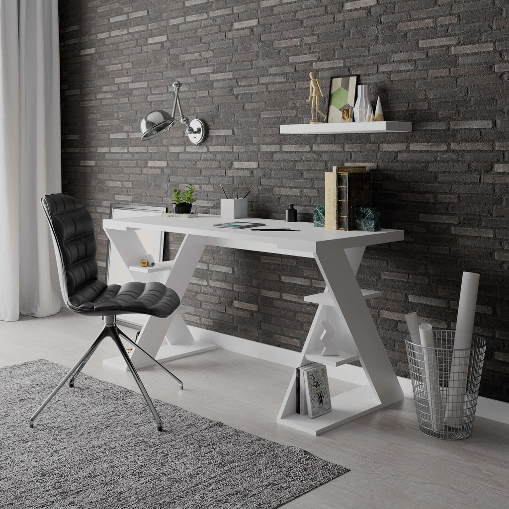 Modern desk with bookshelf legs, white tabletop and white angular open shelves