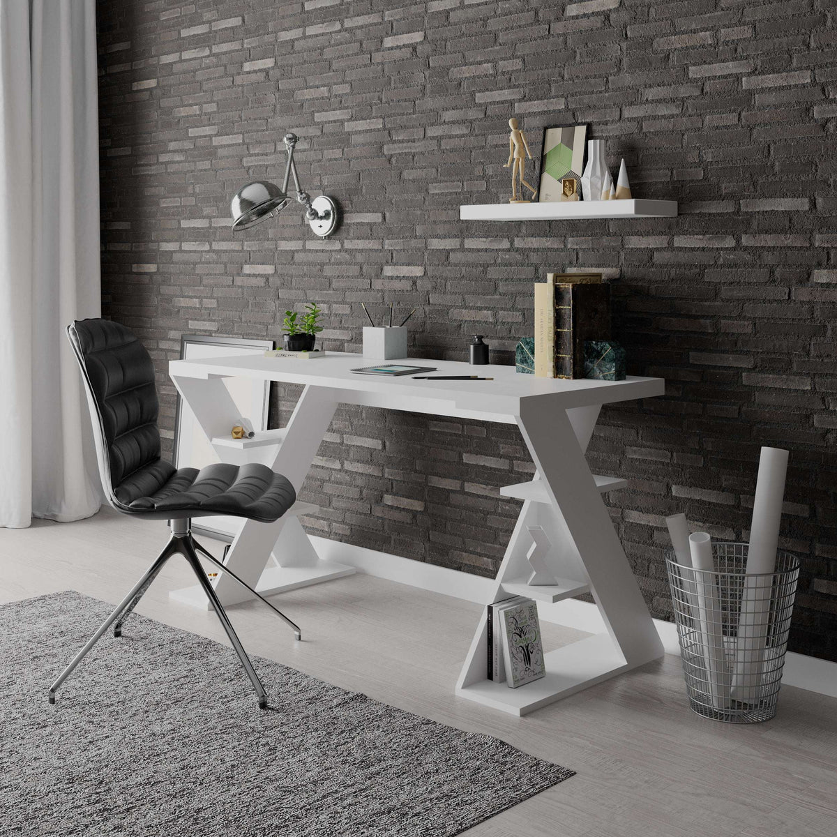 Modern desk with bookshelf legs, white tabletop and white angular open shelves