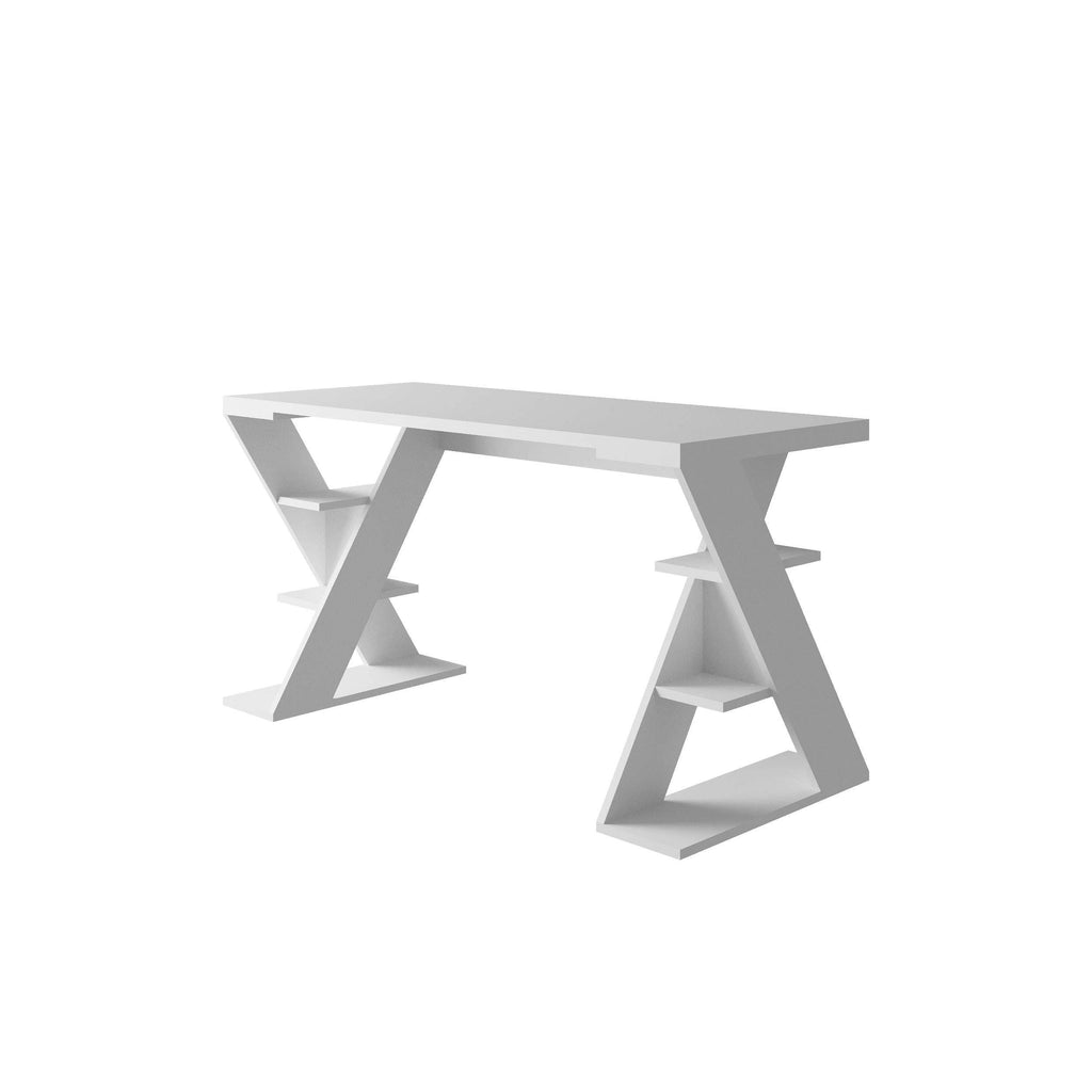 Modern desk with bookshelf legs, white tabletop and white angled frame