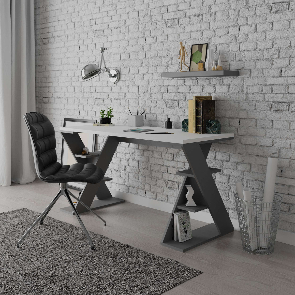 Modern desk with bookshelf legs, white tabletop and dark gray angled supports