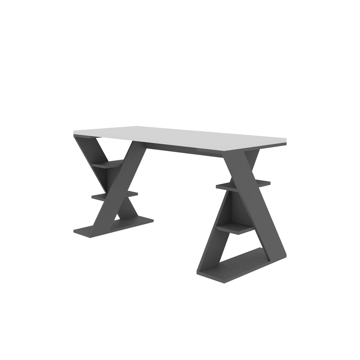 Modern desk with bookshelf legs, dark tabletop and anthracite angled frame