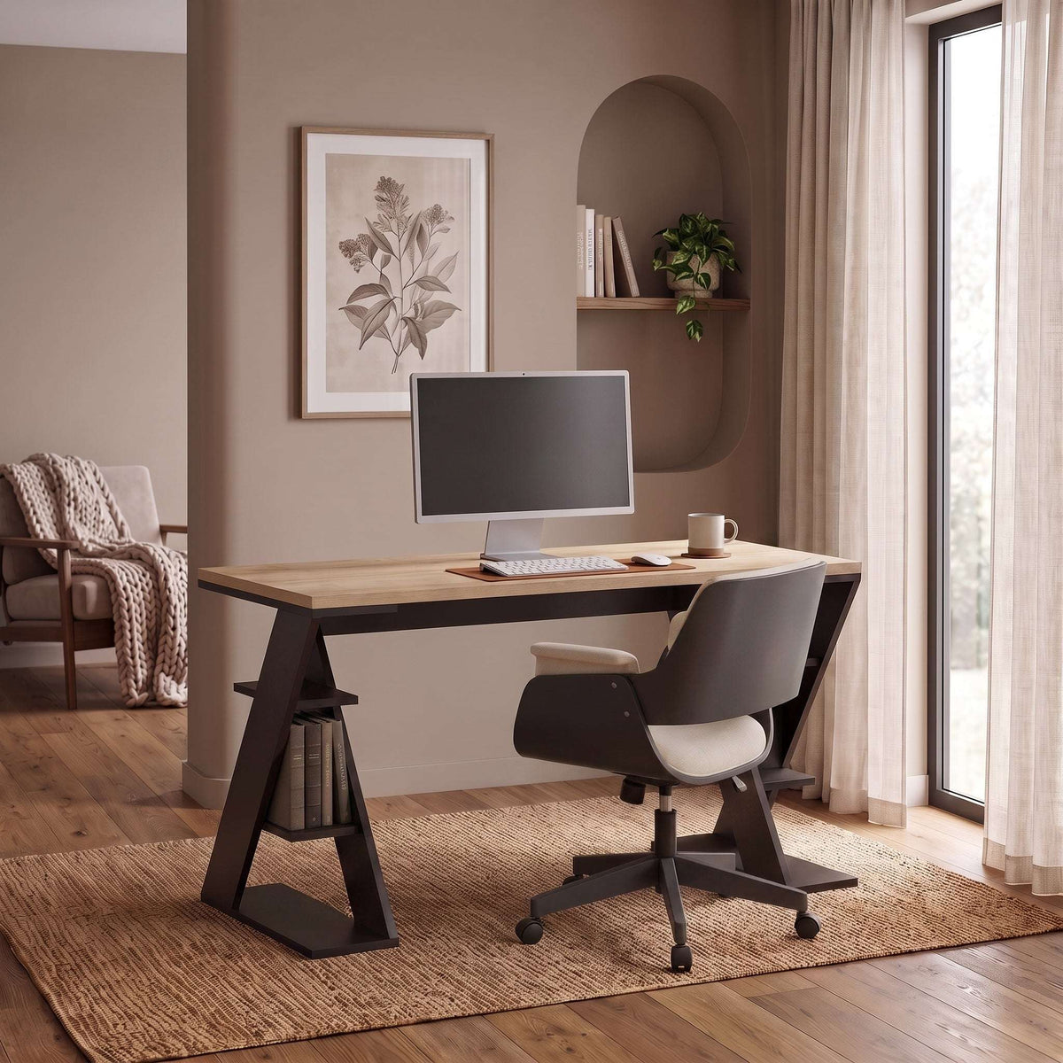 Modern desk with bookshelf legs, light tabletop and dark angled frame