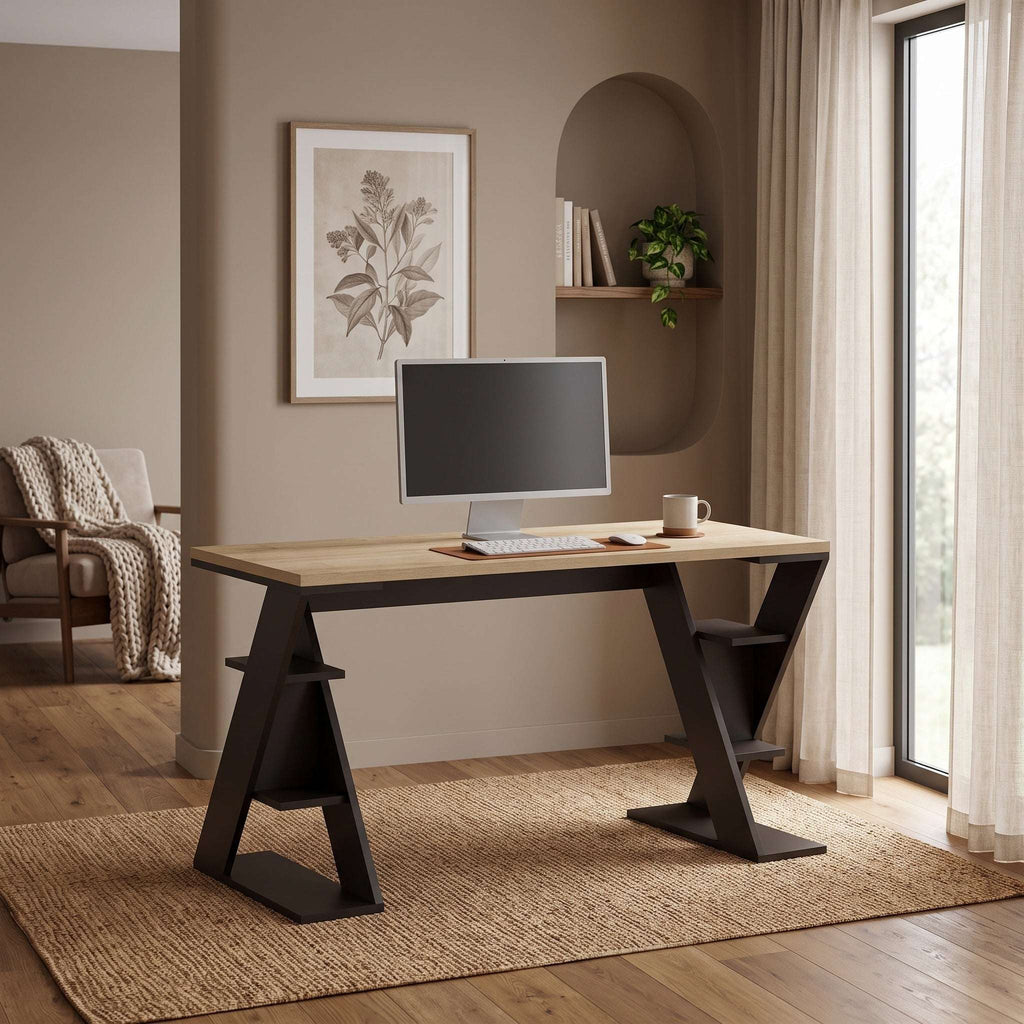 Modern desk with bookshelf legs, light tabletop and dark frame with open shelves