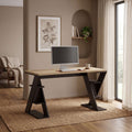Modern desk with bookshelf legs, light tabletop and dark frame with open shelves