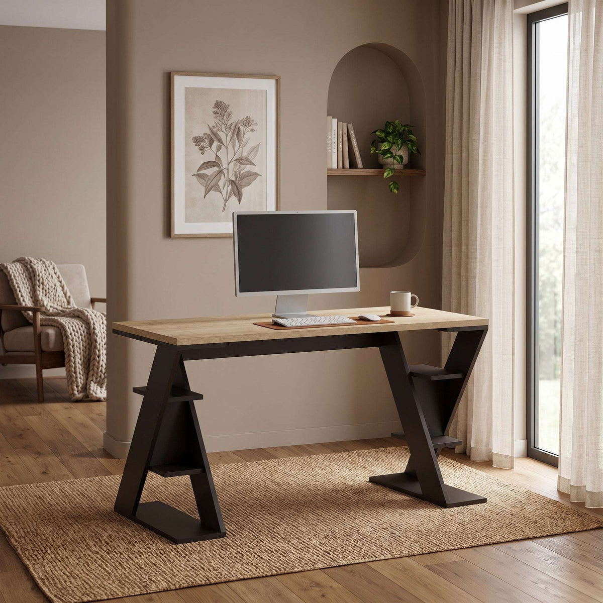 Modern desk with bookshelf legs, light tabletop and dark frame with open shelves