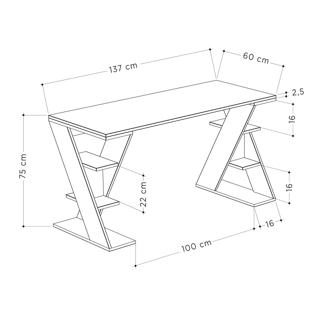 Modern desk line drawing with bookshelf legs and size measurements