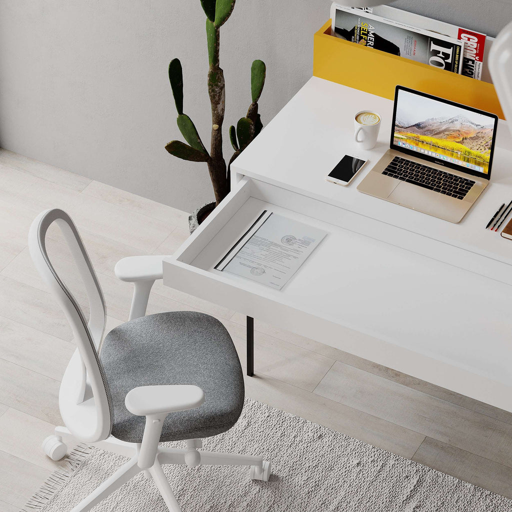 White modern desk with yellow back panel, open storage, and computer setup