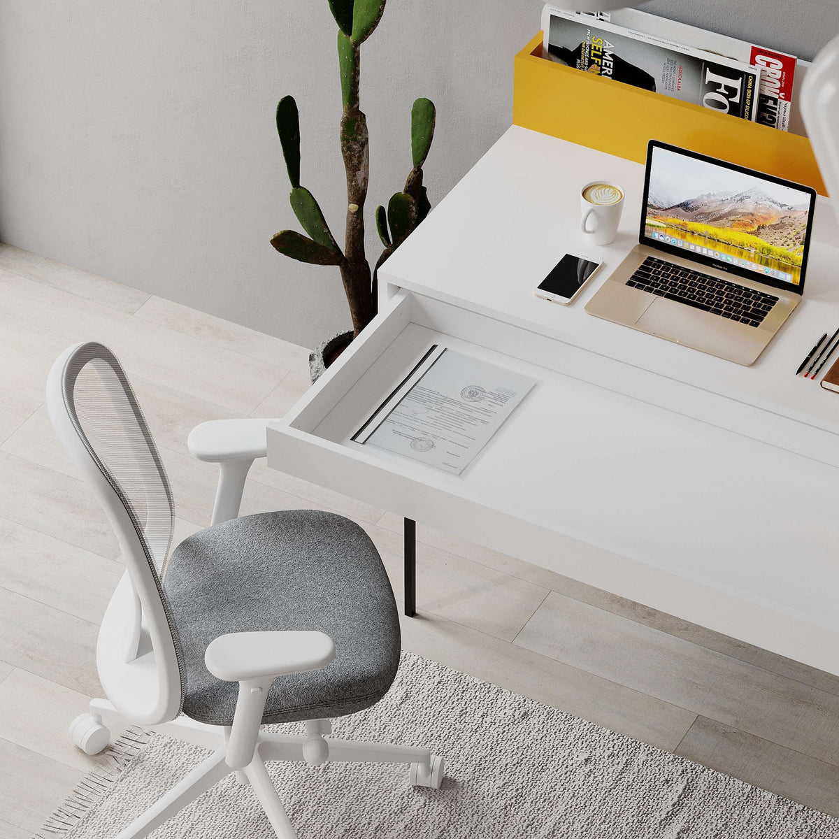 White modern desk with yellow back panel, open storage, and computer setup