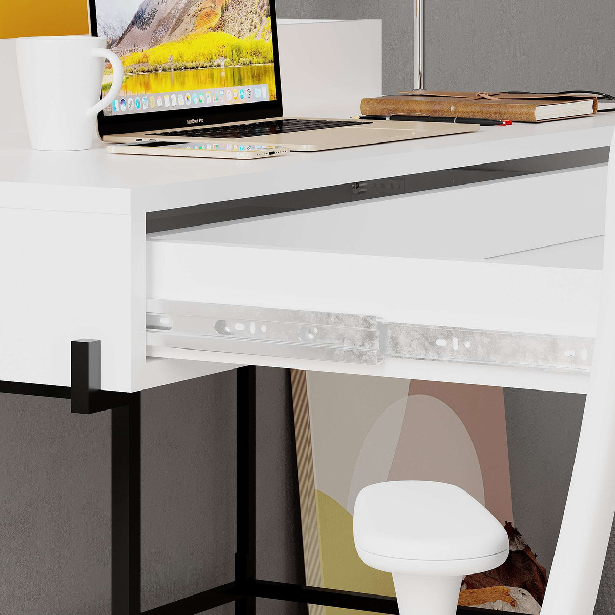 White desk with keyboard shelf, open lower storage, and black metal legs