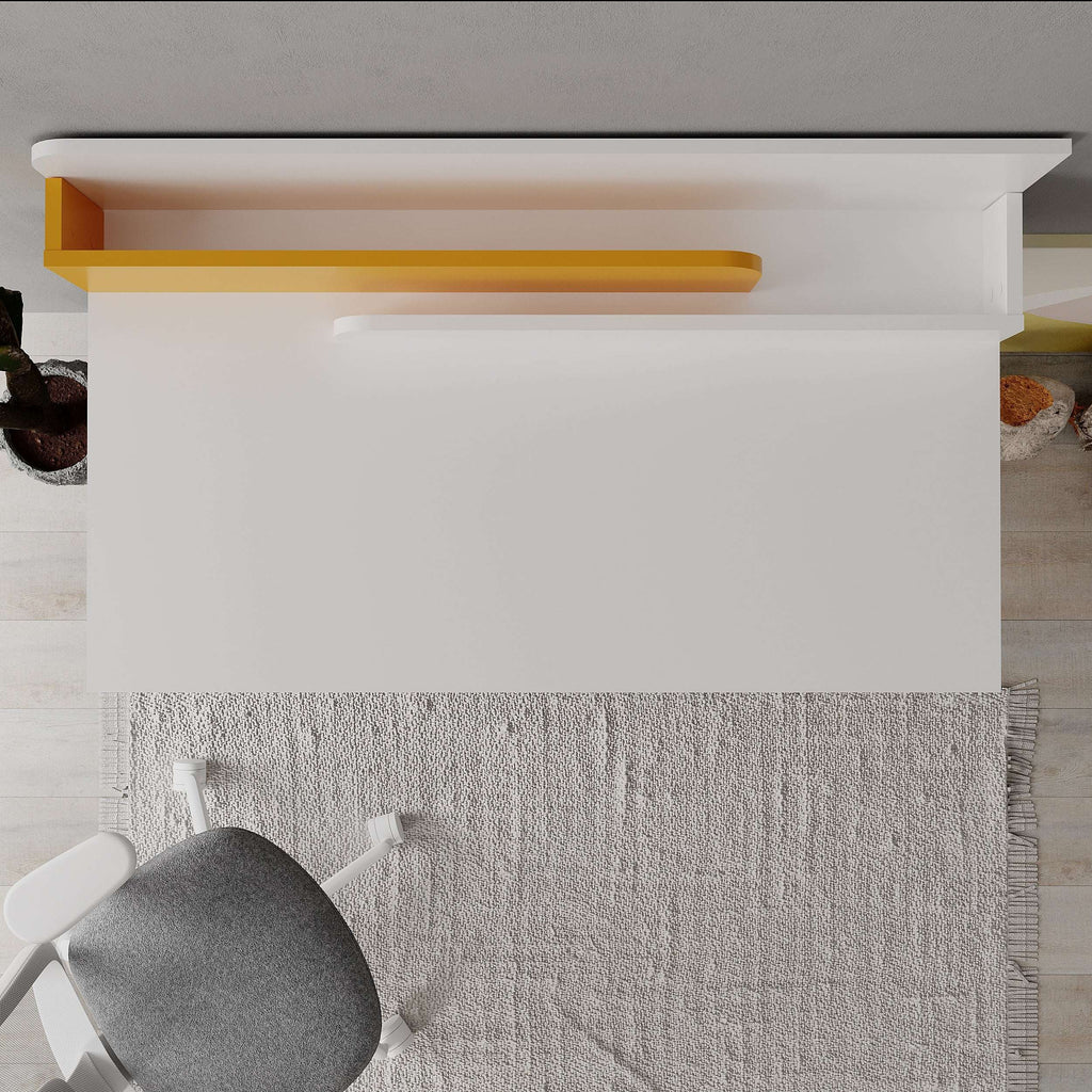White desk underside with open storage compartment and yellow accent panel