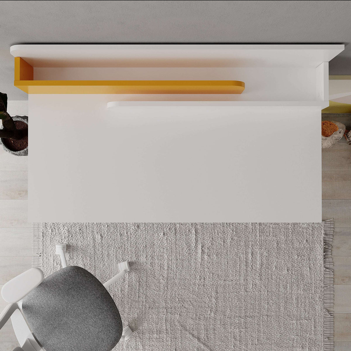White desk underside with open storage compartment and yellow accent panel
