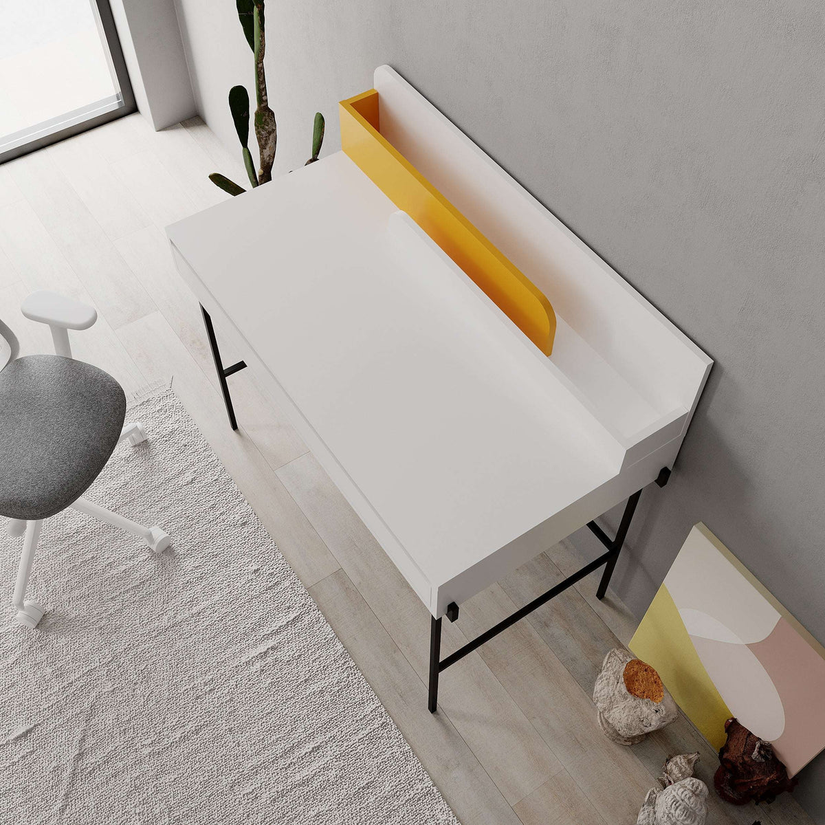 White multipurpose desk with sliding writing surface and yellow interior back