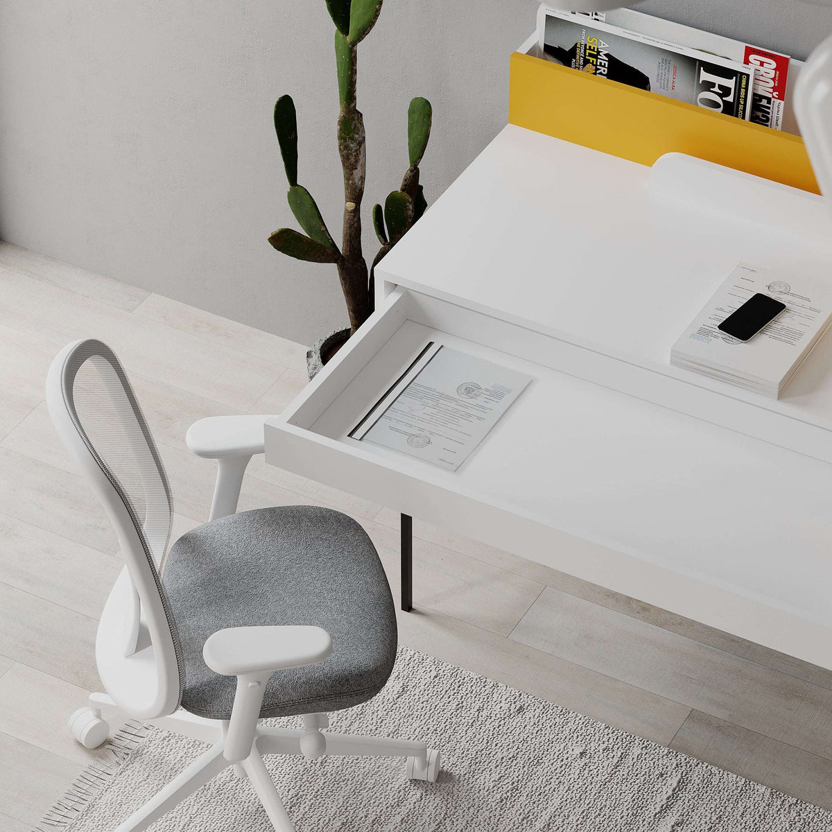 White modern desk with open drawers, yellow back panel, and built-in organizer