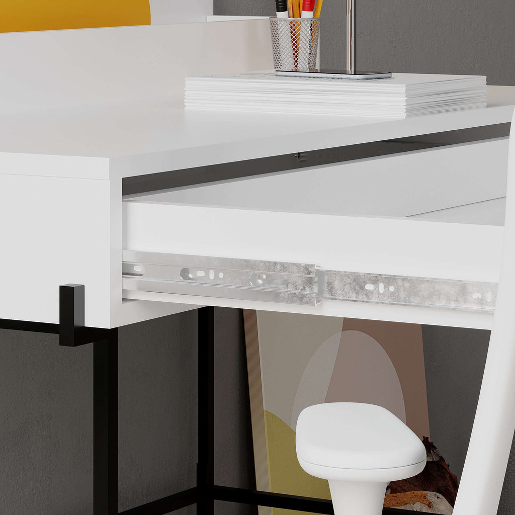 White modern desk with open shelf, gray panel, and black metal legs