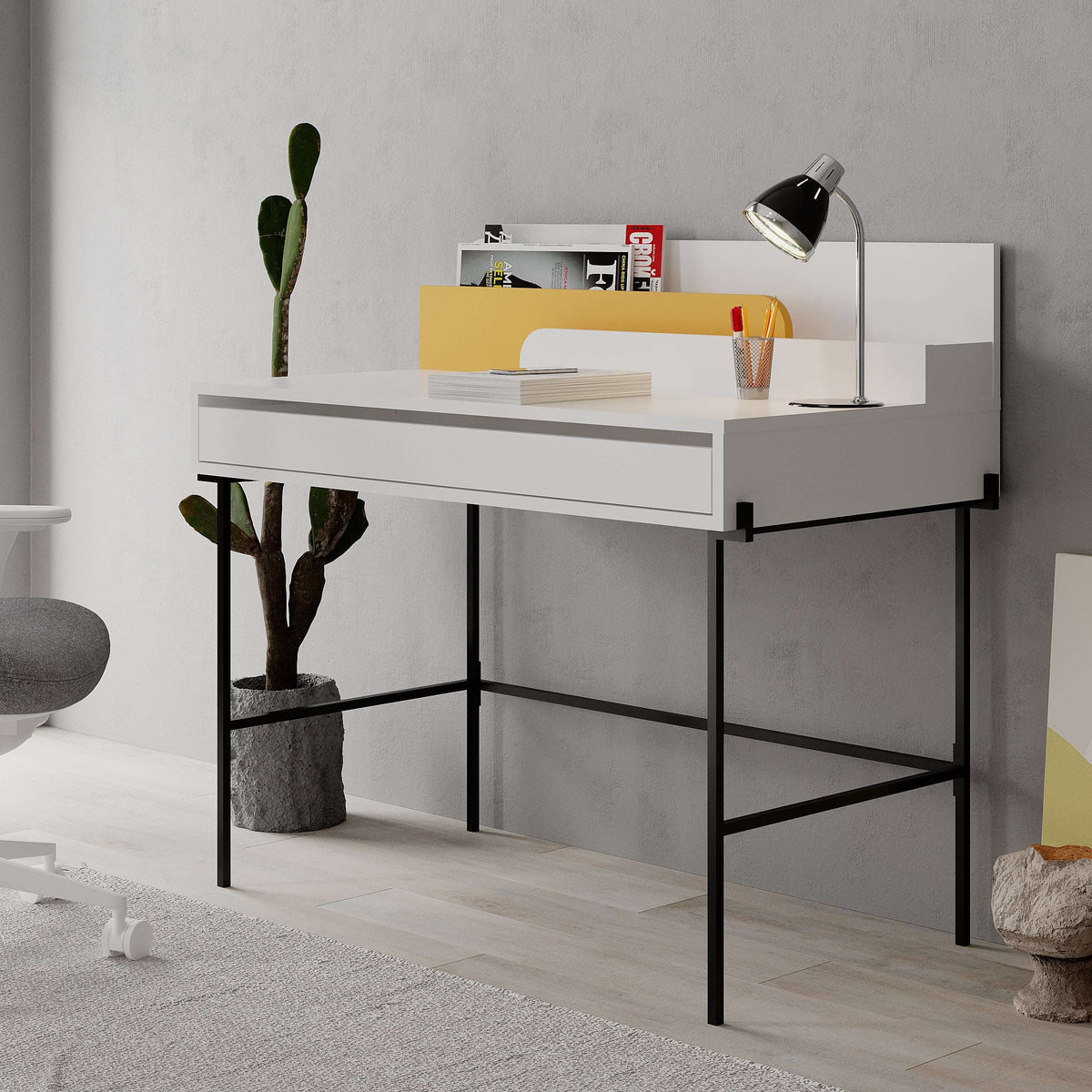 White desk with open storage shelf, yellow accent panel, and black metal legs