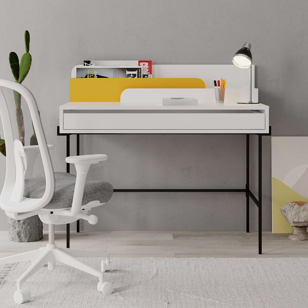 White desk with yellow interior, open lower shelf, and black metal frame
