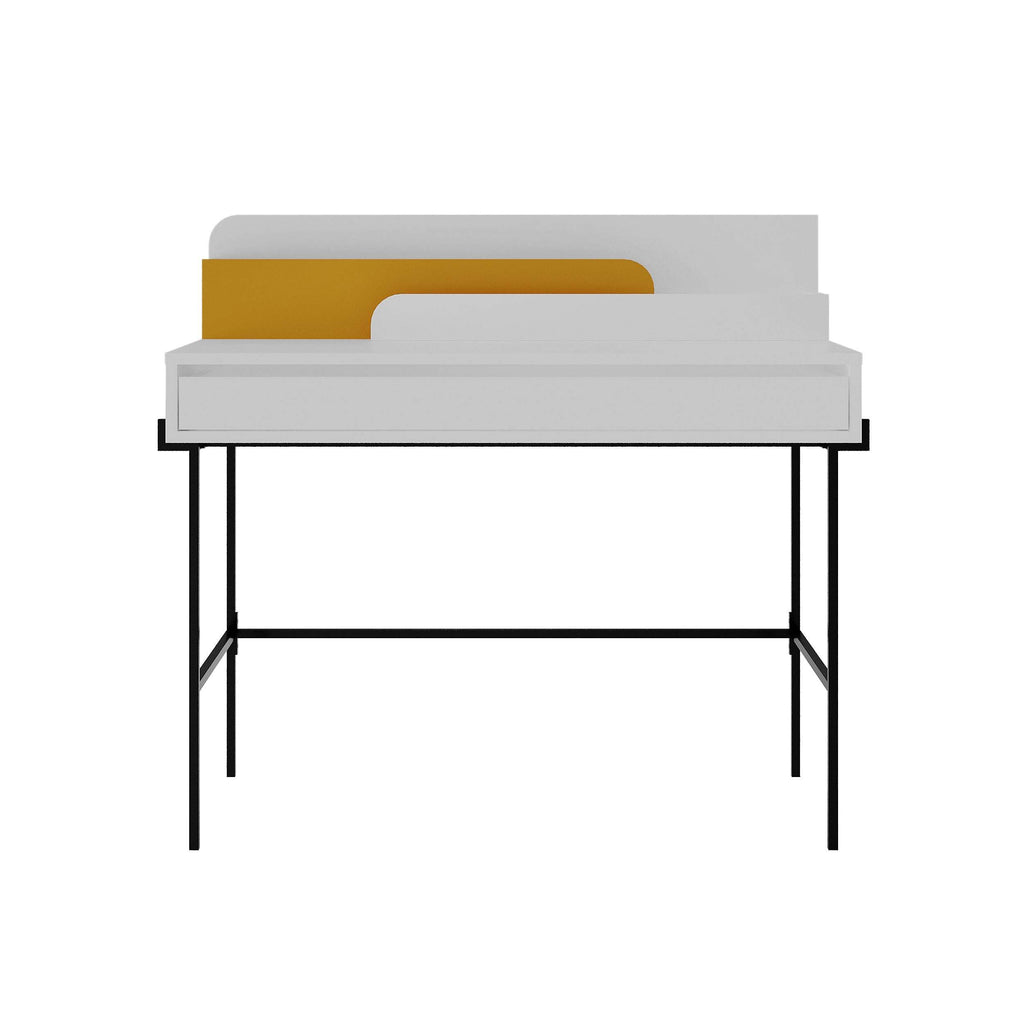 White modern desk with mustard back panel, black metal frame, and open drawer space