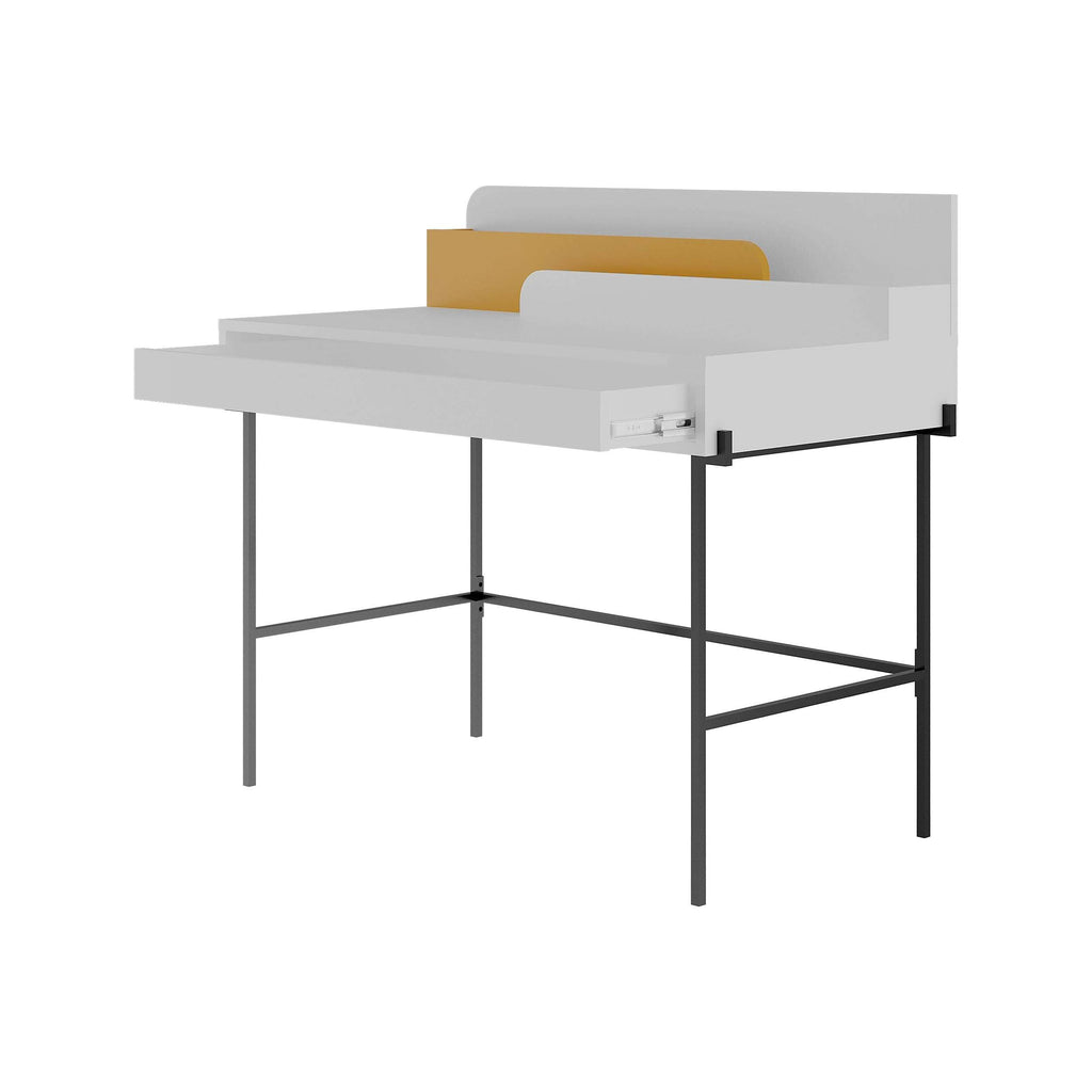 White modern desk with mustard back panel and black metal legs, open storage shelf