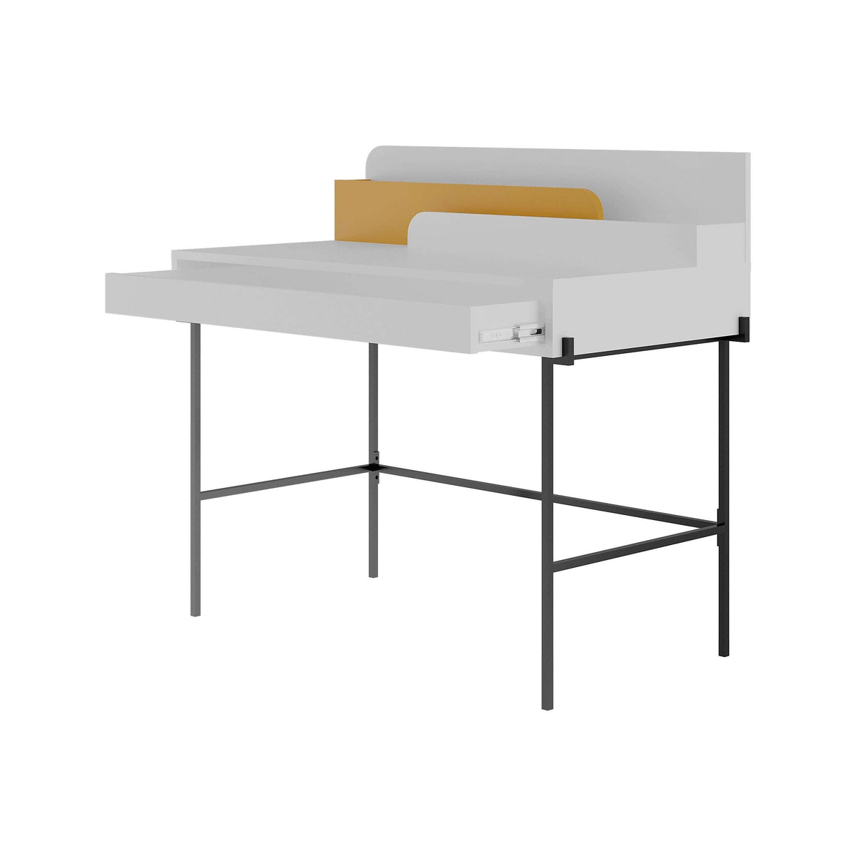 White modern desk with mustard back panel and black metal legs, open storage shelf