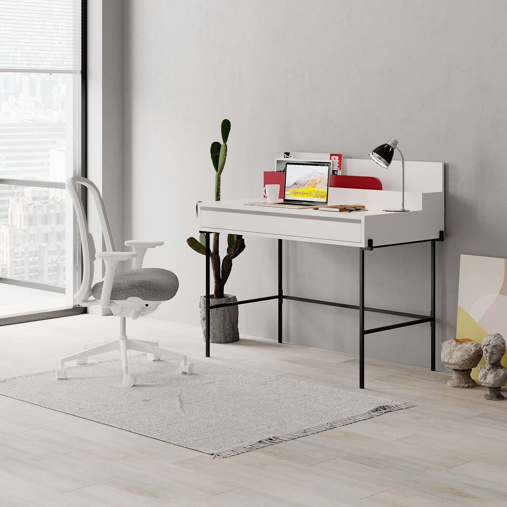 Modern multipurpose desk with white top, black metal frame, and open side storage