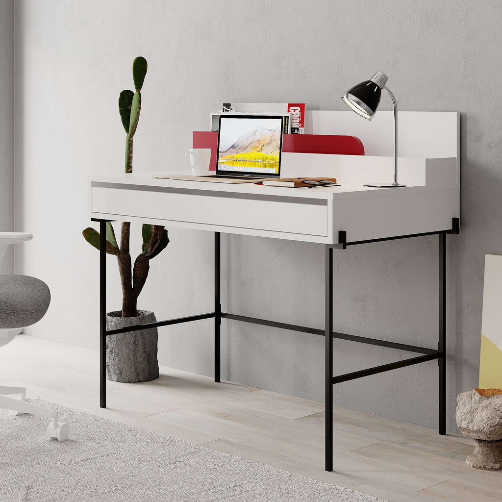 Modern multipurpose desk with white top, red back panel, and black metal frame shelves