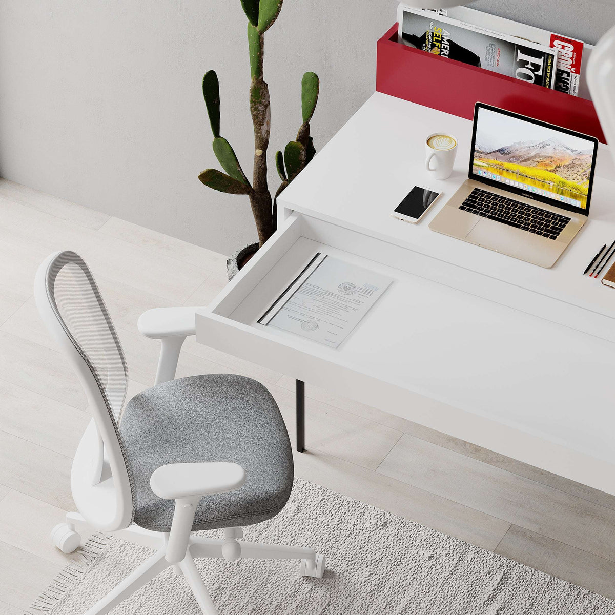 Modern desk with white tabletop and red back panel, plus open storage for devices
