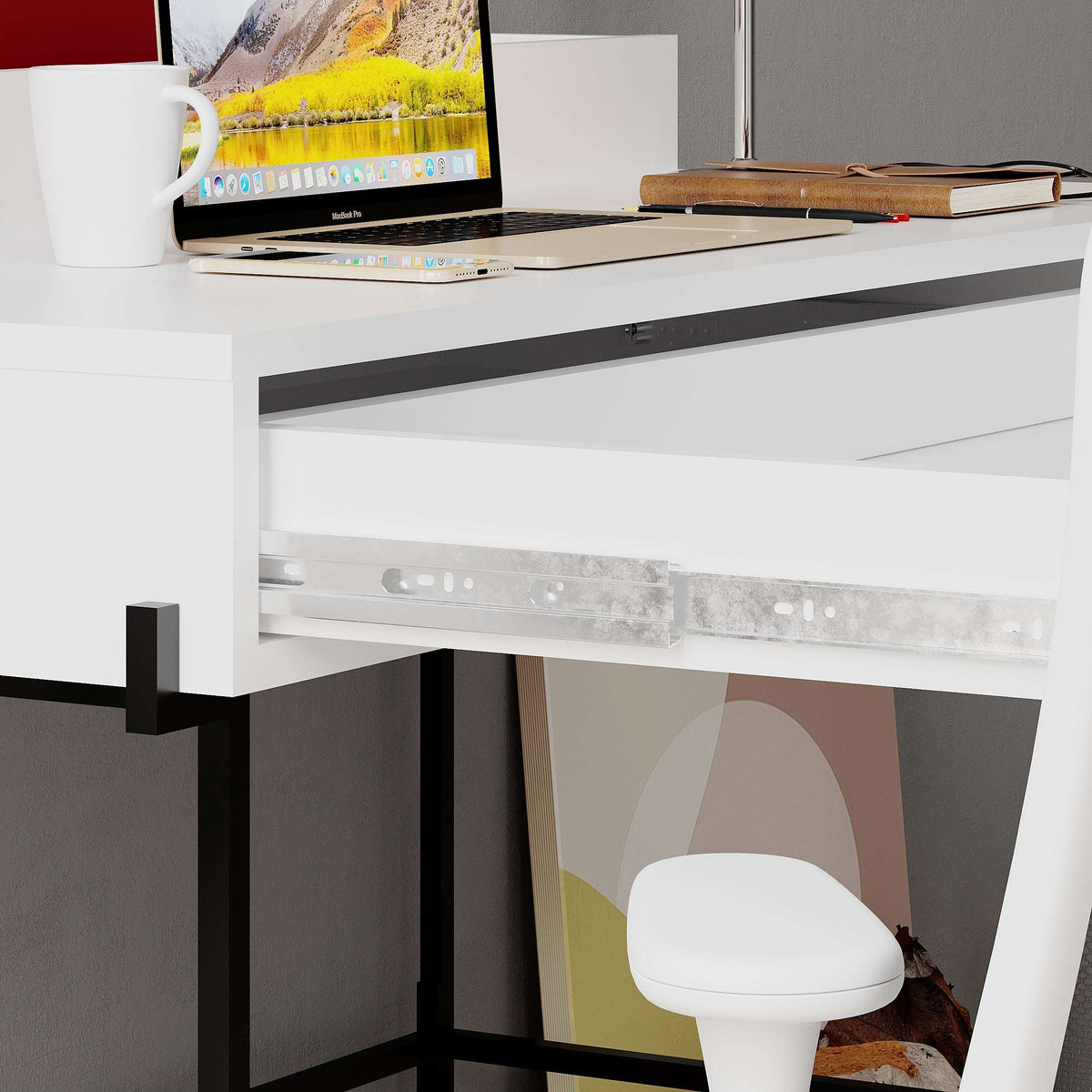 White desk with open lower shelf, keyboard area, and yellow back interior