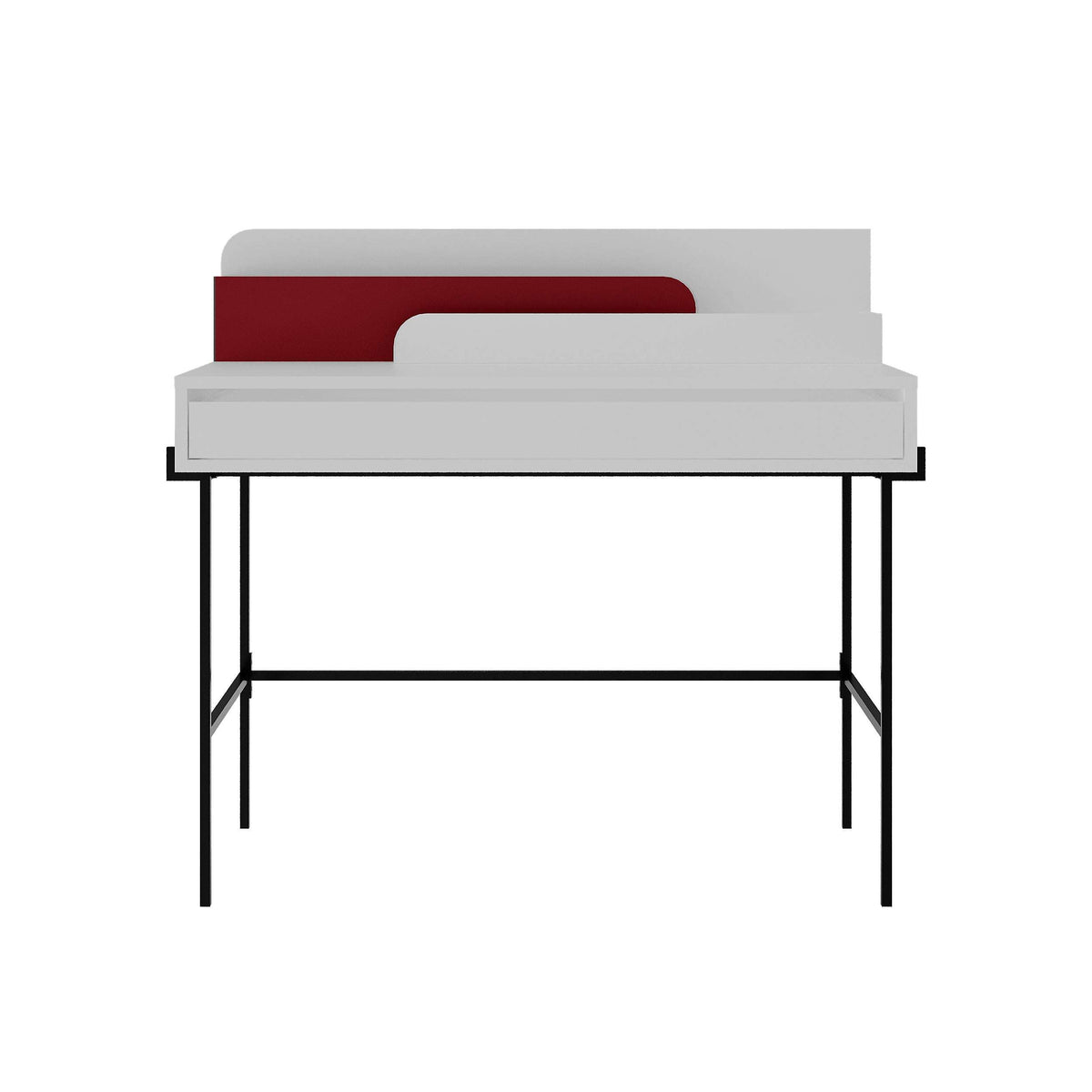 White desk with red upholstered back panel and black metal frame