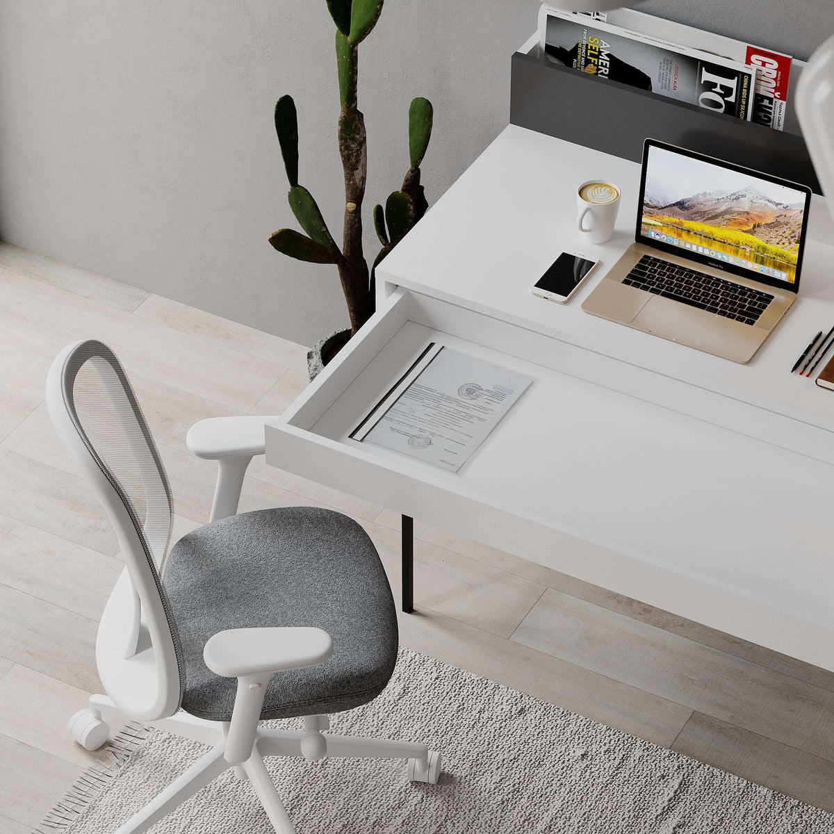 White multipurpose desk with open top shelf, drawer front, and dark metal frame